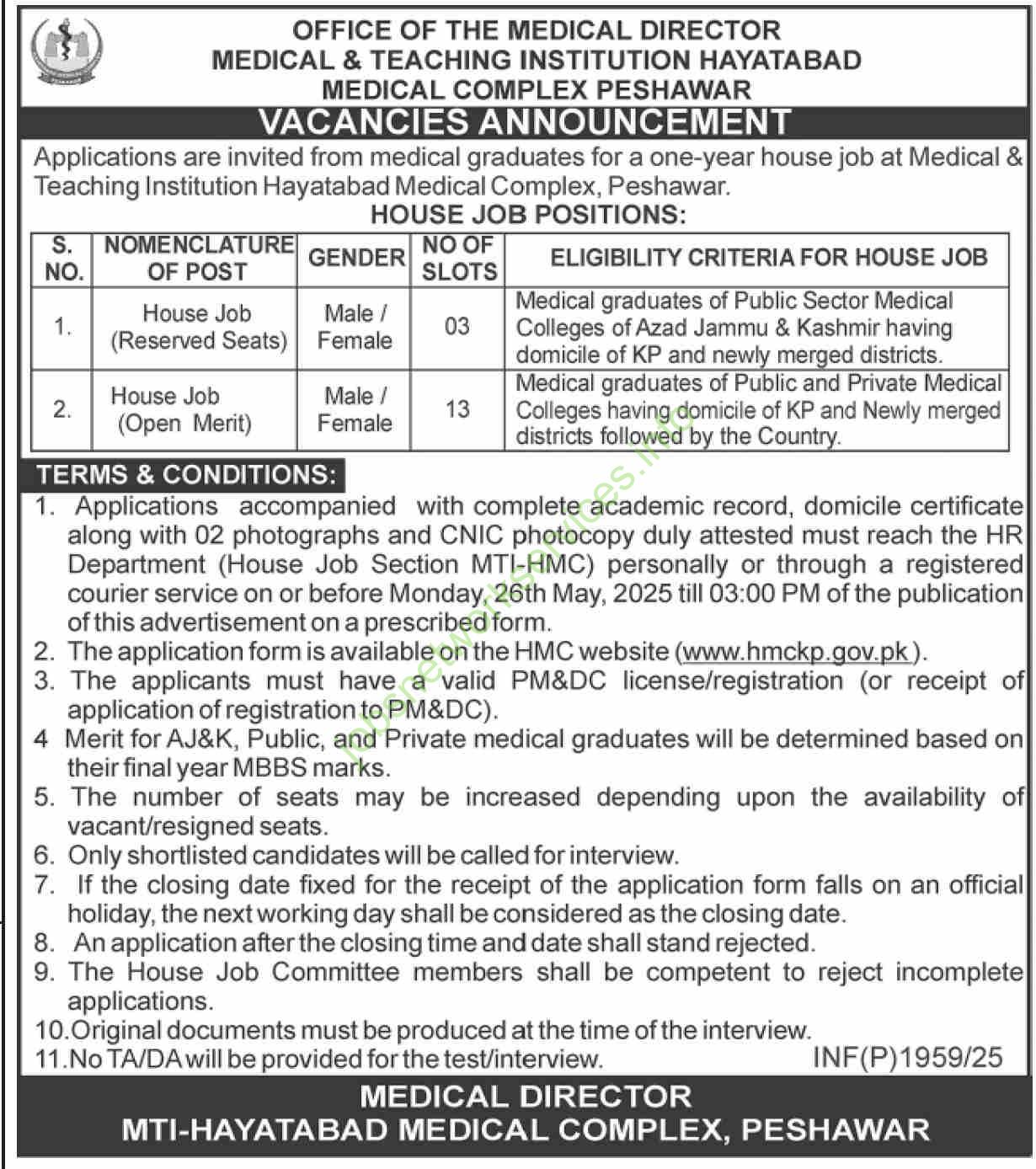 Medical and Teaching Institution HMC Peshawar Jobs 2025