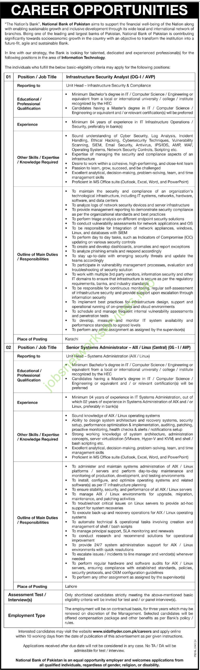 National Bank of Pakistan Careers 2025 – IT Security & Systems Administrator Roles
