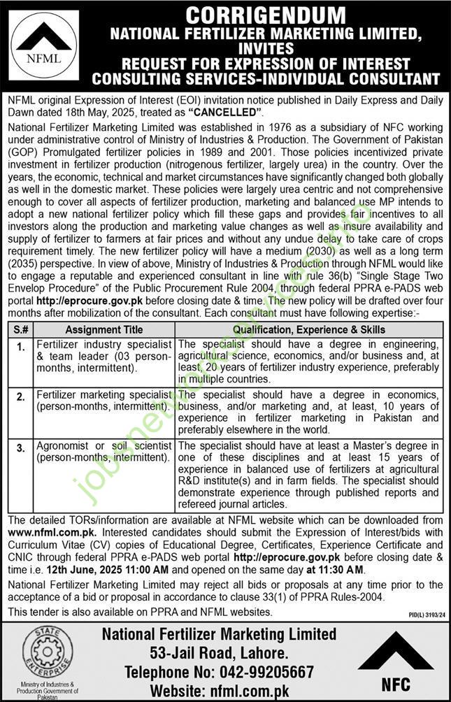 National Fertilizer Marketing Limited NFML Jobs 2025