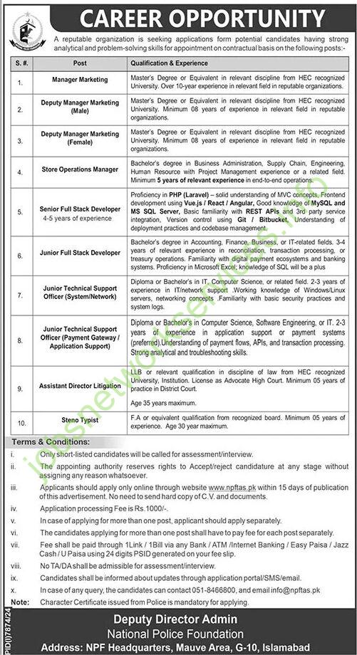 National Police Foundation Islamabad Jobs 2025 Latest NPF Job