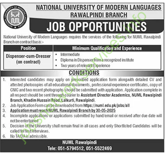 National University of Modern Languages NUML Rawalpindi Jobs 2025