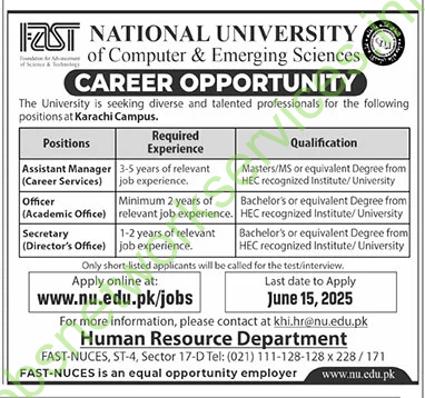National University of Computer & Emerging Sciences Karachi Jobs 2025