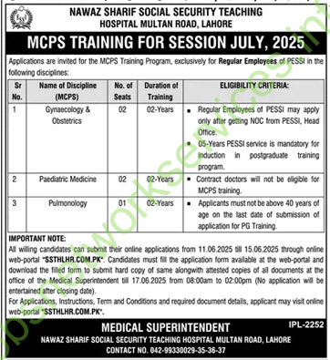 Nawaz Sharif Social Security Teaching Hospital Multan Road Lahore Jobs 2025