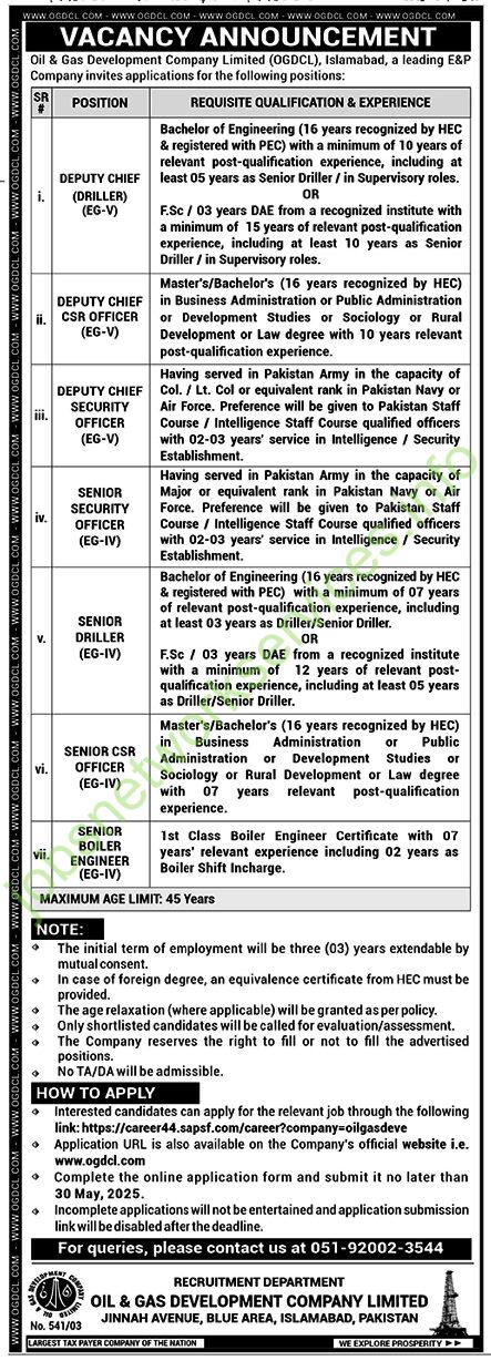 Oil & Gas Development Company Limited OGDCL Jobs 2025