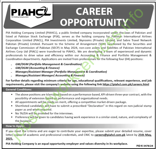 PIA Holding Company Limited PIAHCL Jobs 2025 Apply Online