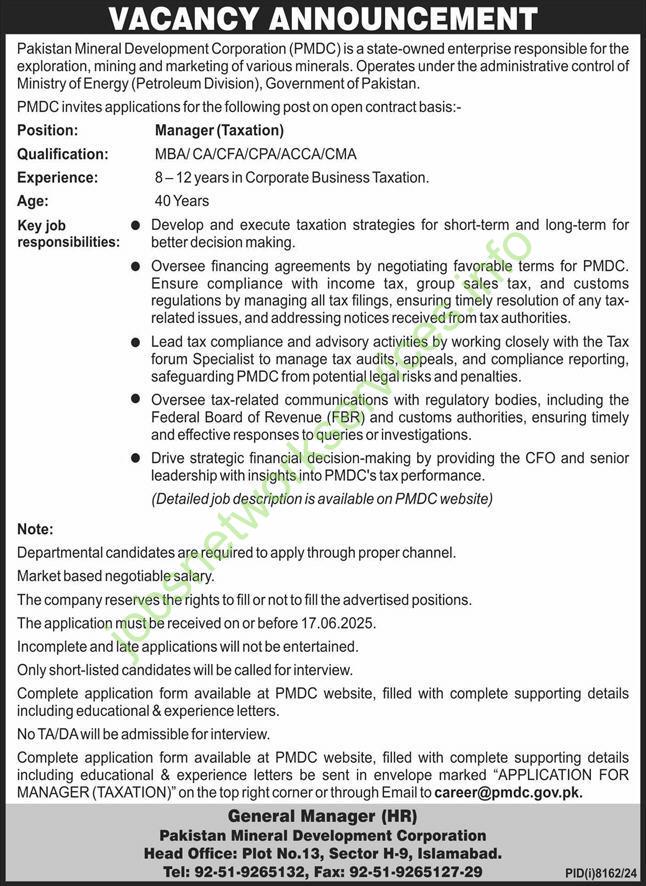 Vacancy Announcement: Manager (Taxation) at PMDC