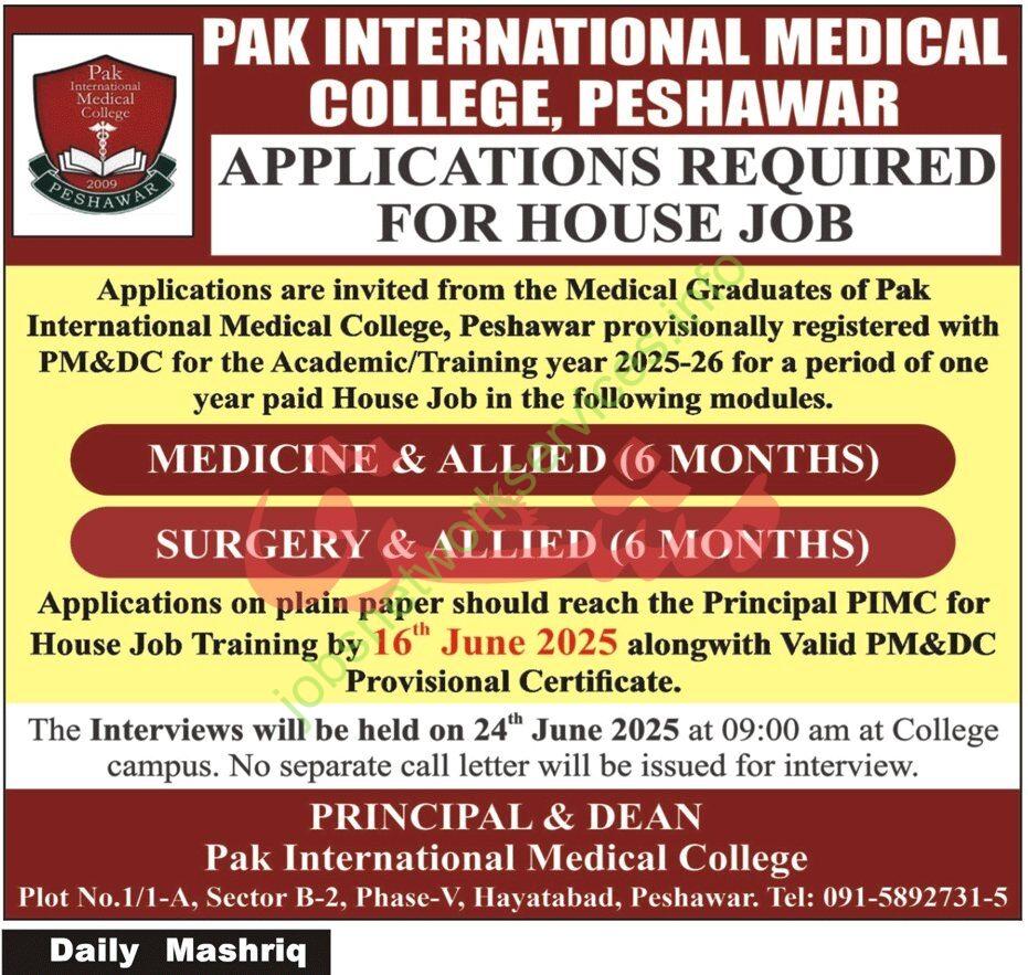Pak International Medical College Peshawar Jobs 2025