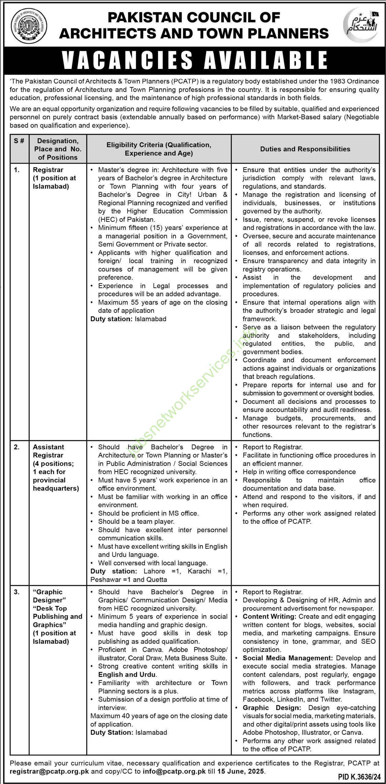 Pakistan Council of Architects and Town Planners PCATP Jobs 2025
