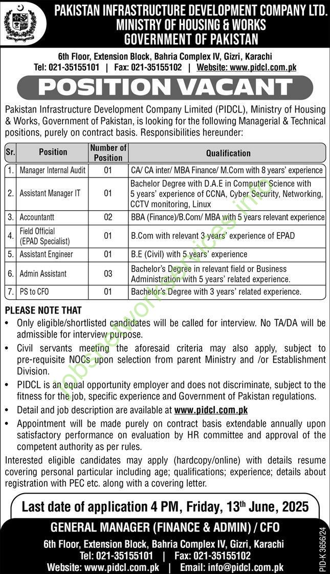 Pakistan Infrastructure Development Company Limited PIDCL Job 2025