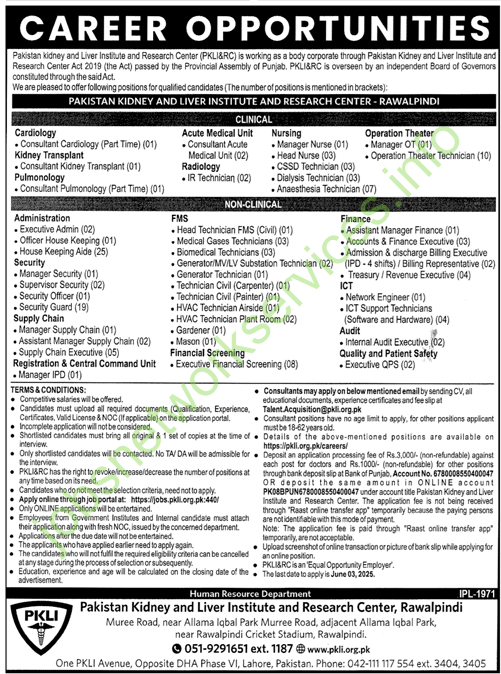 Pakistan Kidney and Liver Institute and Research Center PKLI Jobs 2025