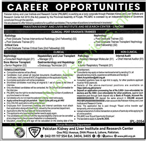 Pakistan Kidney and Liver Institute and Research Center PKLI Lahore Jobs 2025