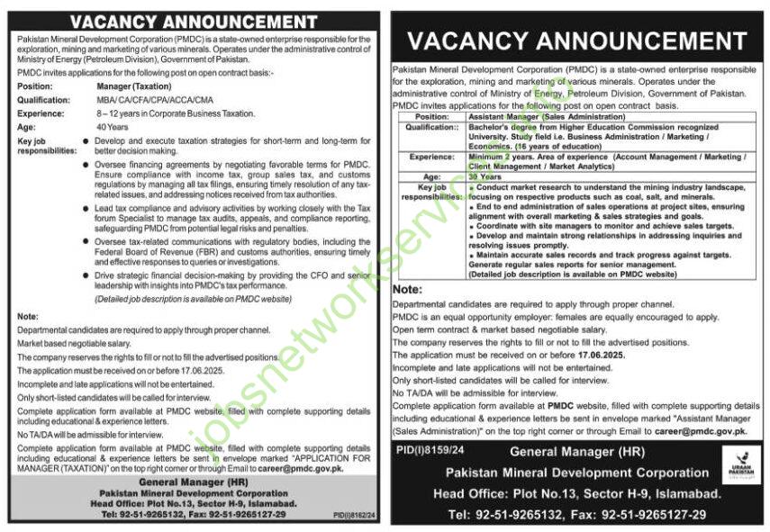 Pakistan Mineral Development Corporation Jobs 2025 for Manager, Assistant Manager
