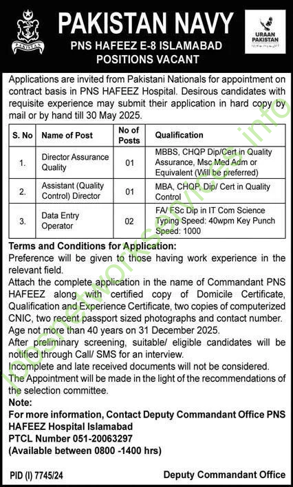 Pakistan Navy PNS Hafeez E-8 Islamabad Jobs 2025