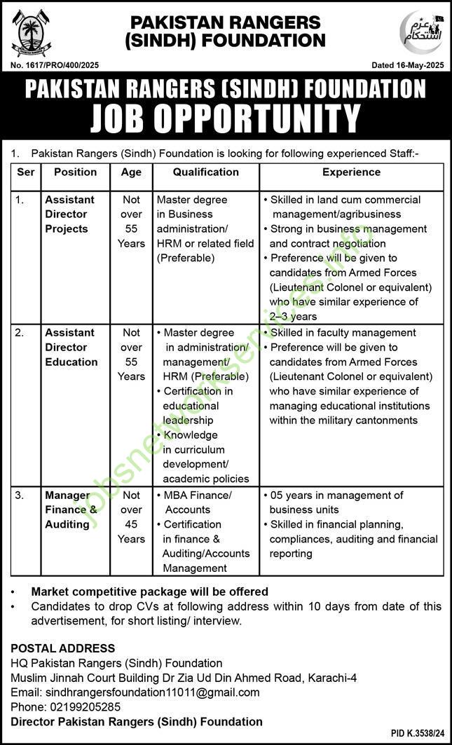 Pakistan Rangers (Sindh) Foundation Jobs 2025