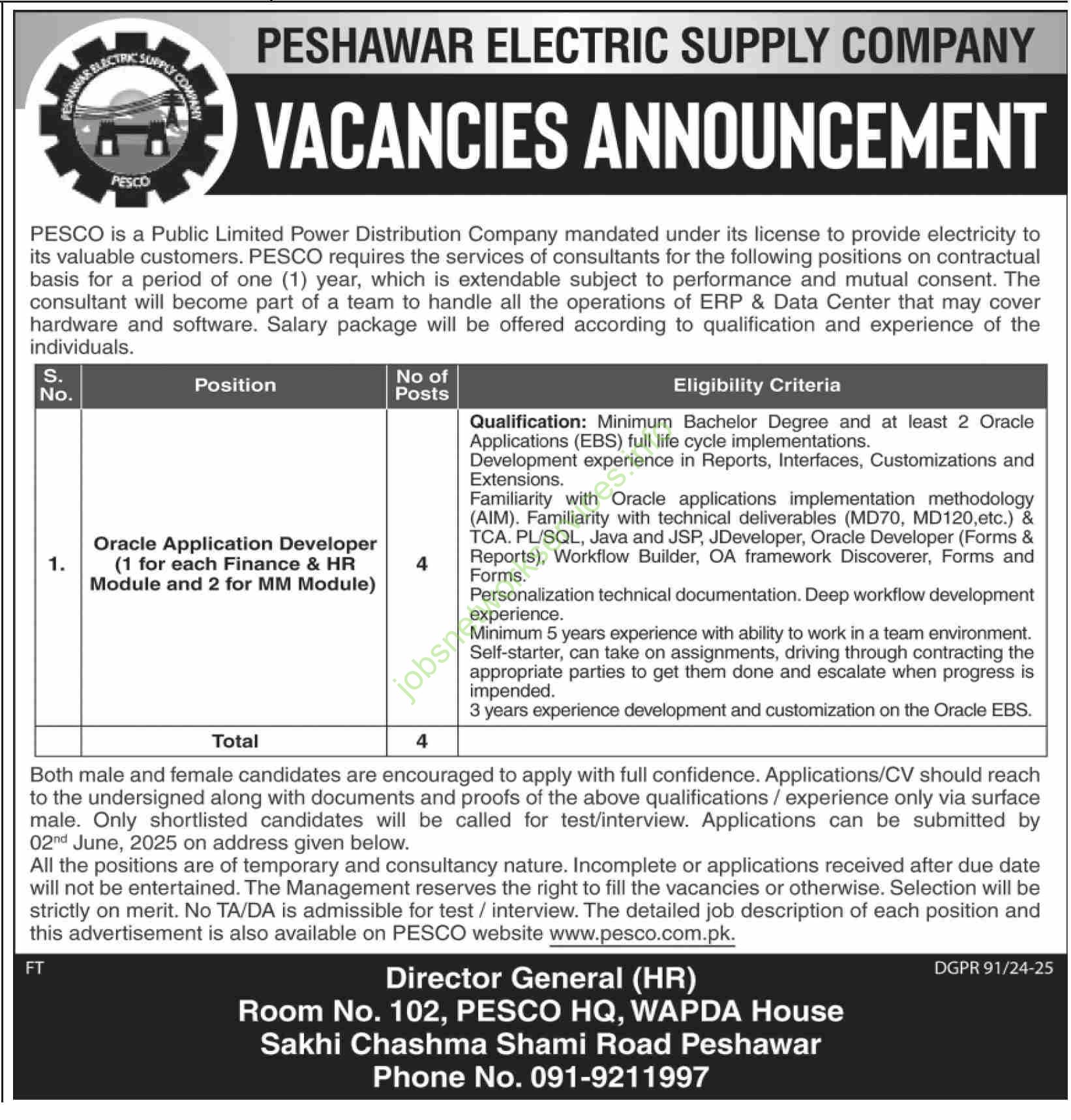 Peshawar Electric Supply Company PESCO Jobs 2025 Apply Online