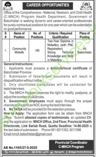 Provincial Coordinator C-MNCH Program Jobs 2025 for 150 Positions Open