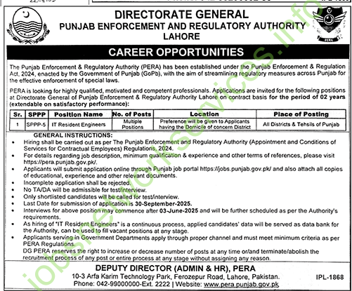 Punjab Enforcement and Regulatory Authority PERA Lahore Jobs 2025