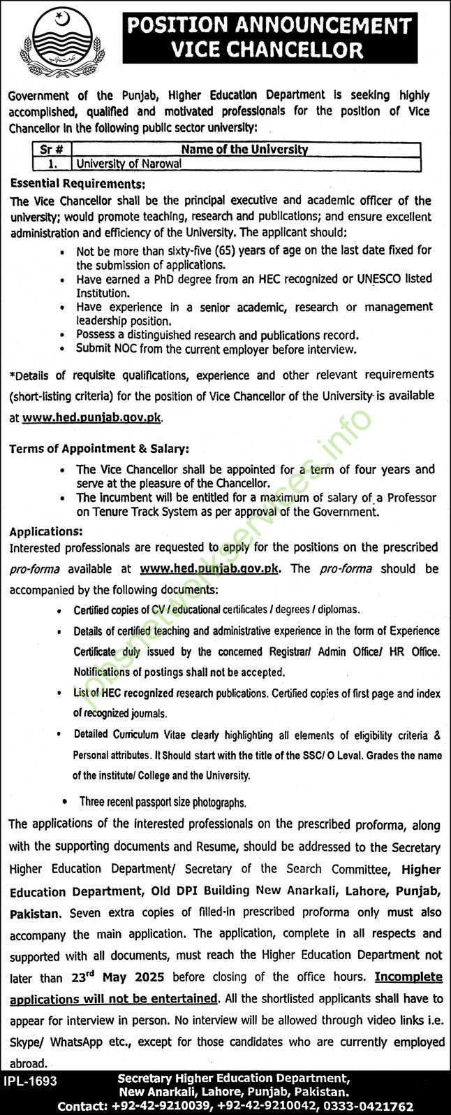 Punjab HED Invites Applications for Vice Chancellor – University of Narowal (2025)