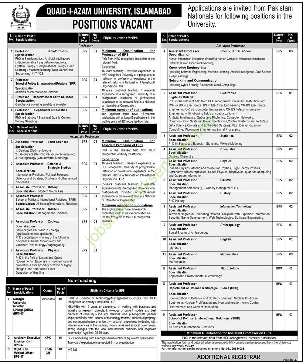 Quaid-i-Azam University Islamabad Jobs 2025 Latest QAU Jobs