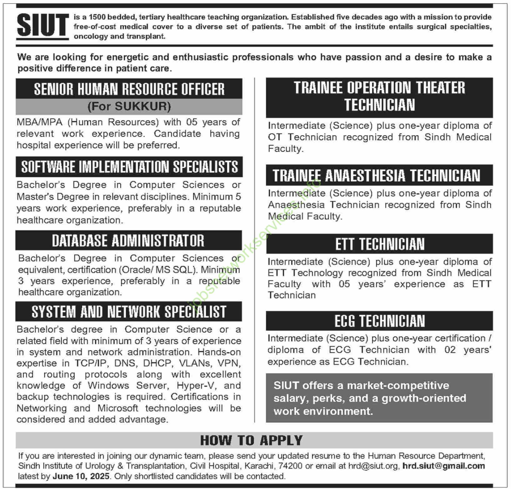 Healthcare Careers at SIUT – HR, IT & Medical Technician Jobs | Apply by June 10, 2025