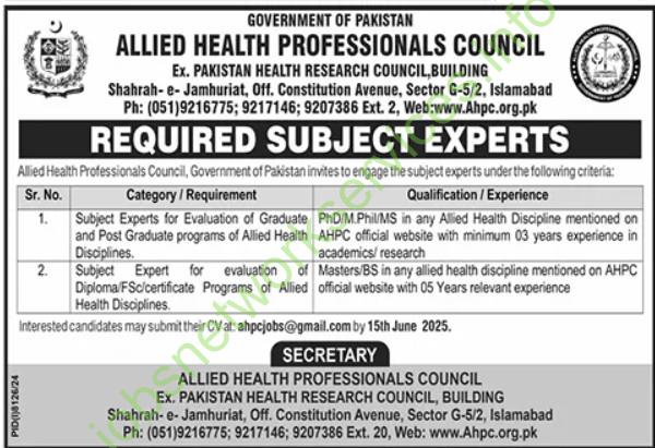 Allied Health Professionals Council (AHPC) Call for Subject Experts