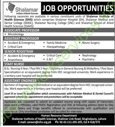 Shalamar Institute of Health Sciences SIHS Jobs 2025