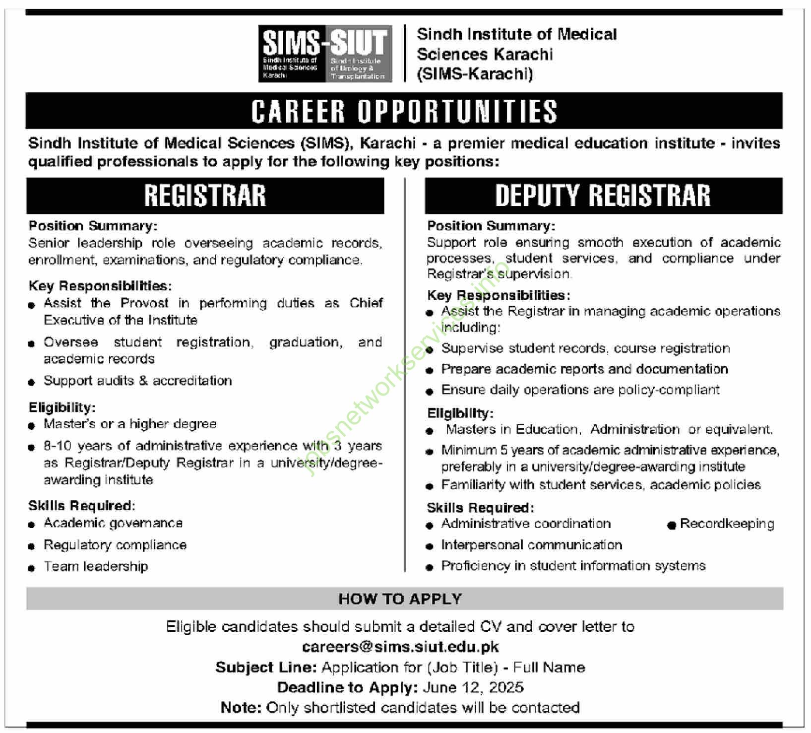 Sindh Institute of Medical Sciences Karachi (SIMS-Karachi) Jobs 2025