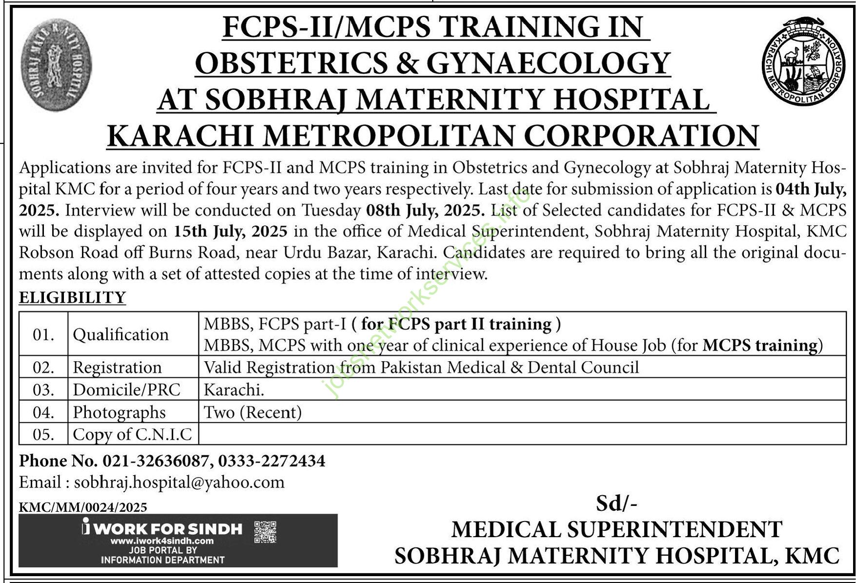Sobhraj Maternity Hospital Karachi Metropolitan Corporation KMC Jobs 2025