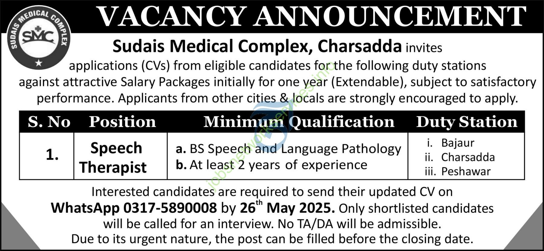 Sudais Medical Complex Charsadda Jobs 2025