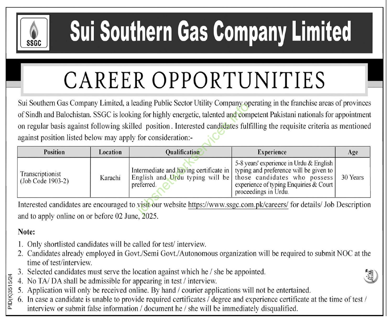 Sui Southern Gas Company Limited SSGC Jobs 2025
