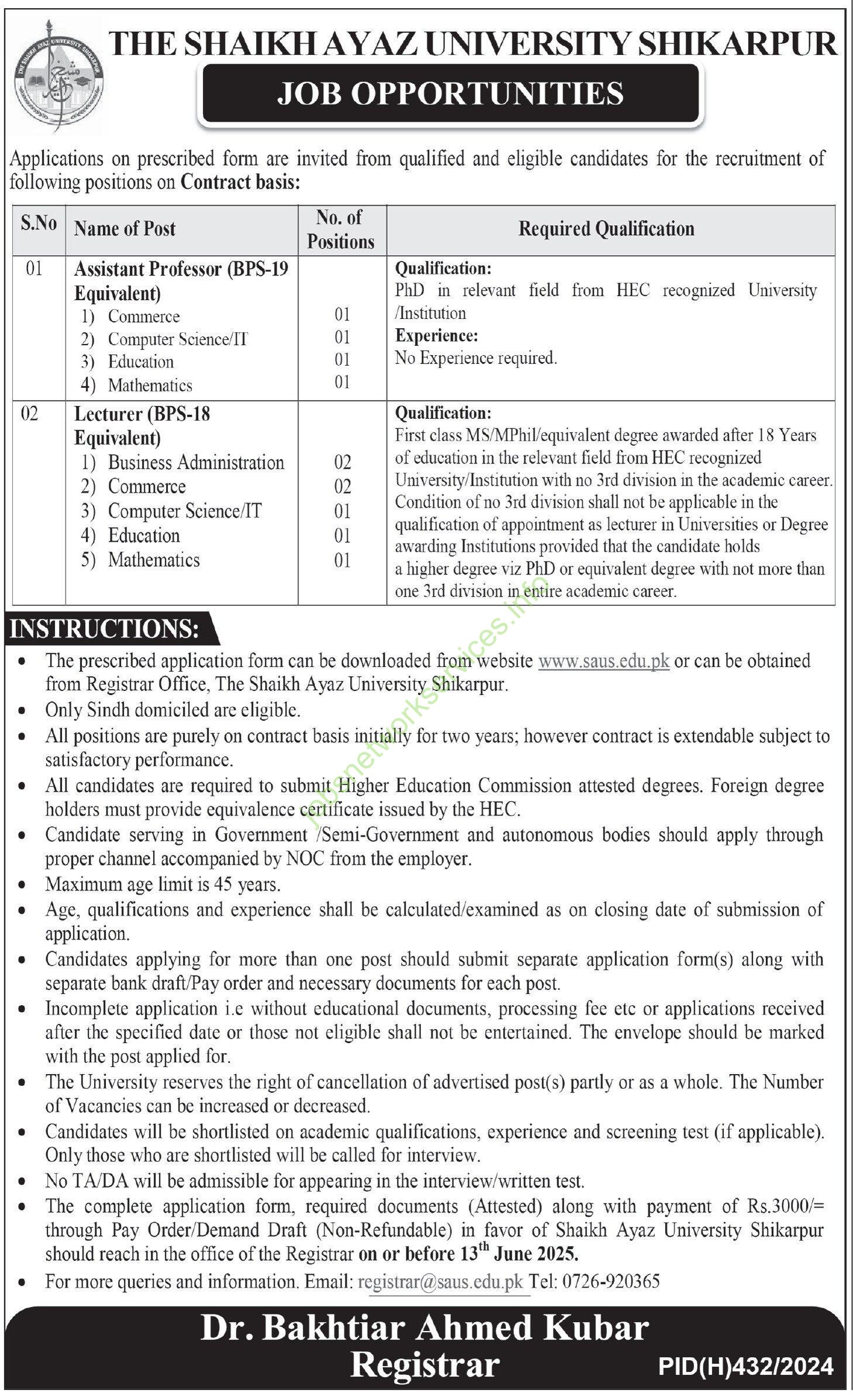 The Shaikh Ayaz University Shikarpur Jobs 2025