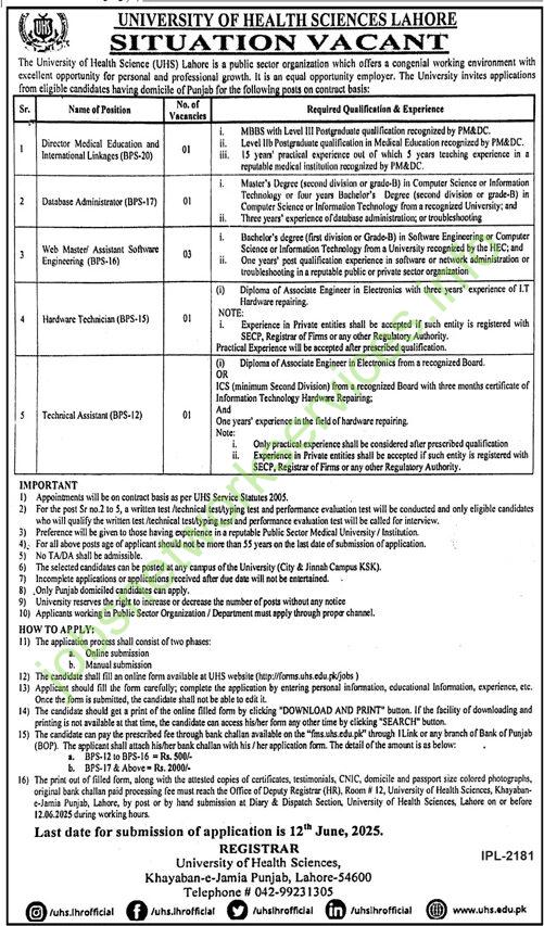 University of Health Sciences Lahore Jobs 2025 Latest UHS Jobs