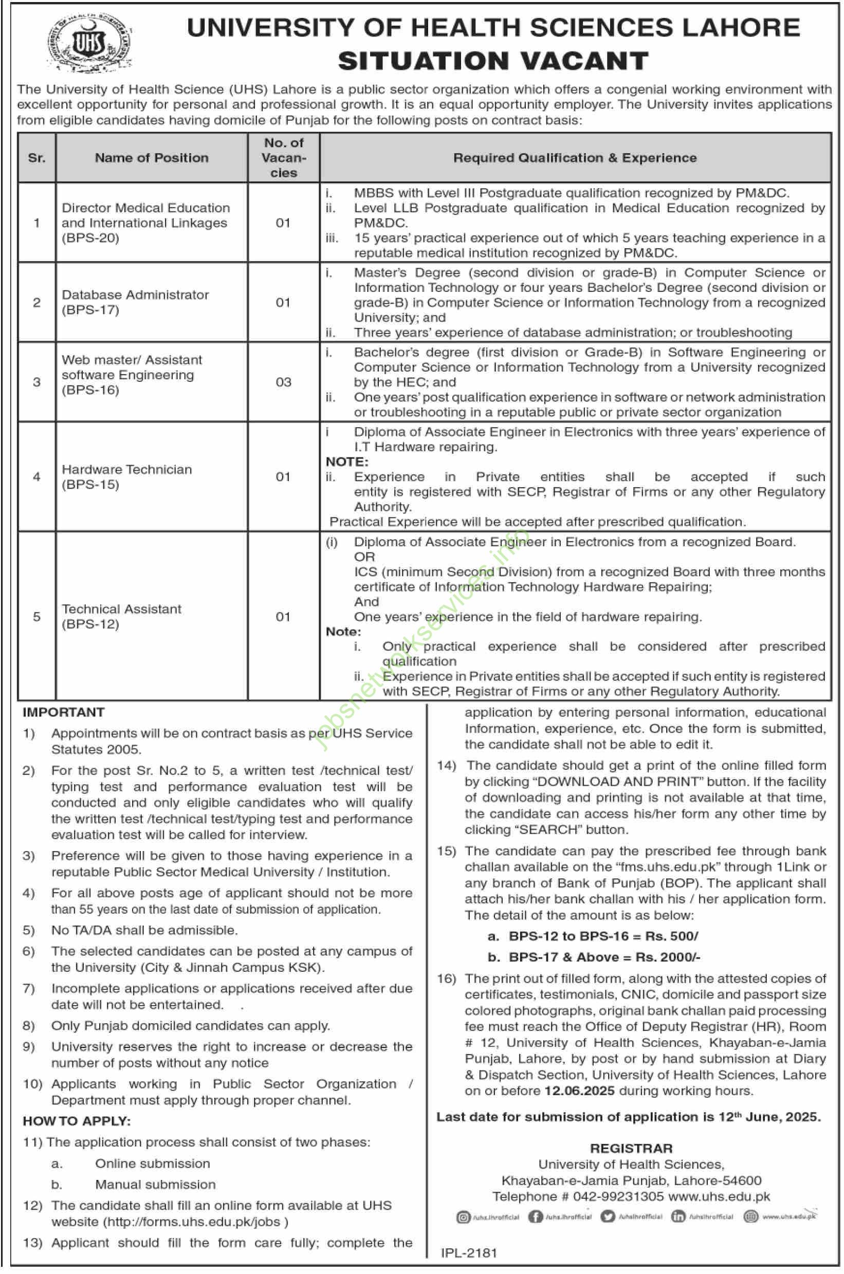 University of Health Sciences Lahore Jobs 2025