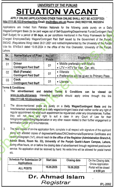 University of the Punjab Jobs 2025 Apply Online