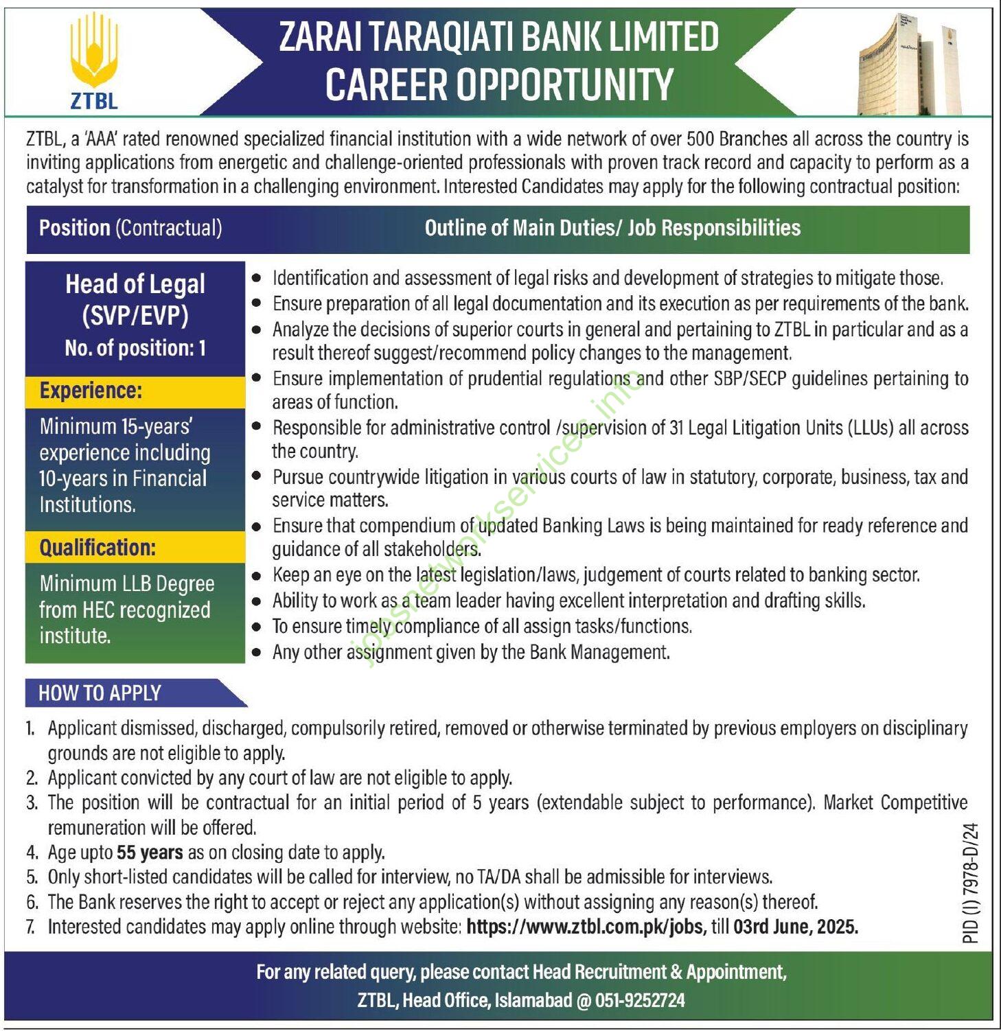 Zari Taraqiati Bank Limited ZTBL Jobs 2025 Apply Online