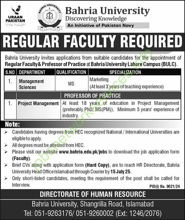 Bahria University BU All New Job Advertisements 2025