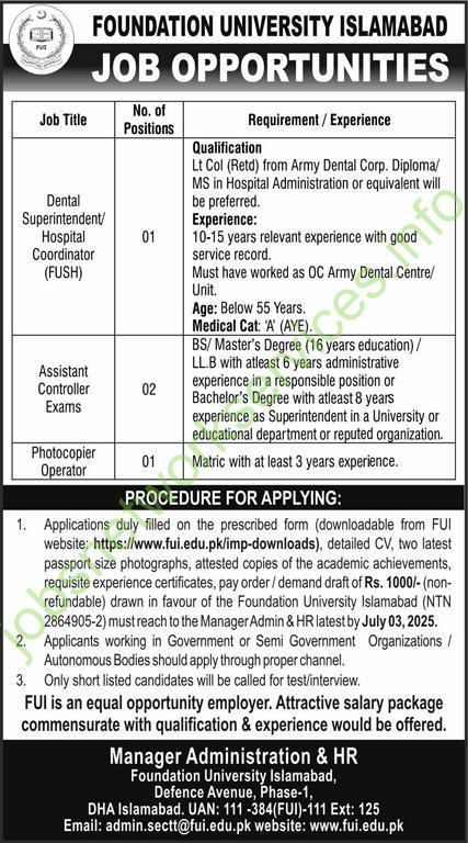 Foundation University Islamabad FUI Jobs 2025 Online Apply Now
