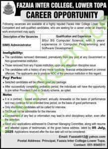 Fazaia Inter College Lower Topa Jobs 2025 Online Apply Now