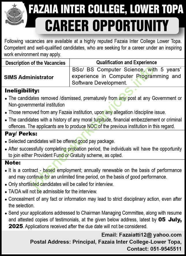 Fazaia Inter College Lower Topa Jobs 2025 Online Apply Now