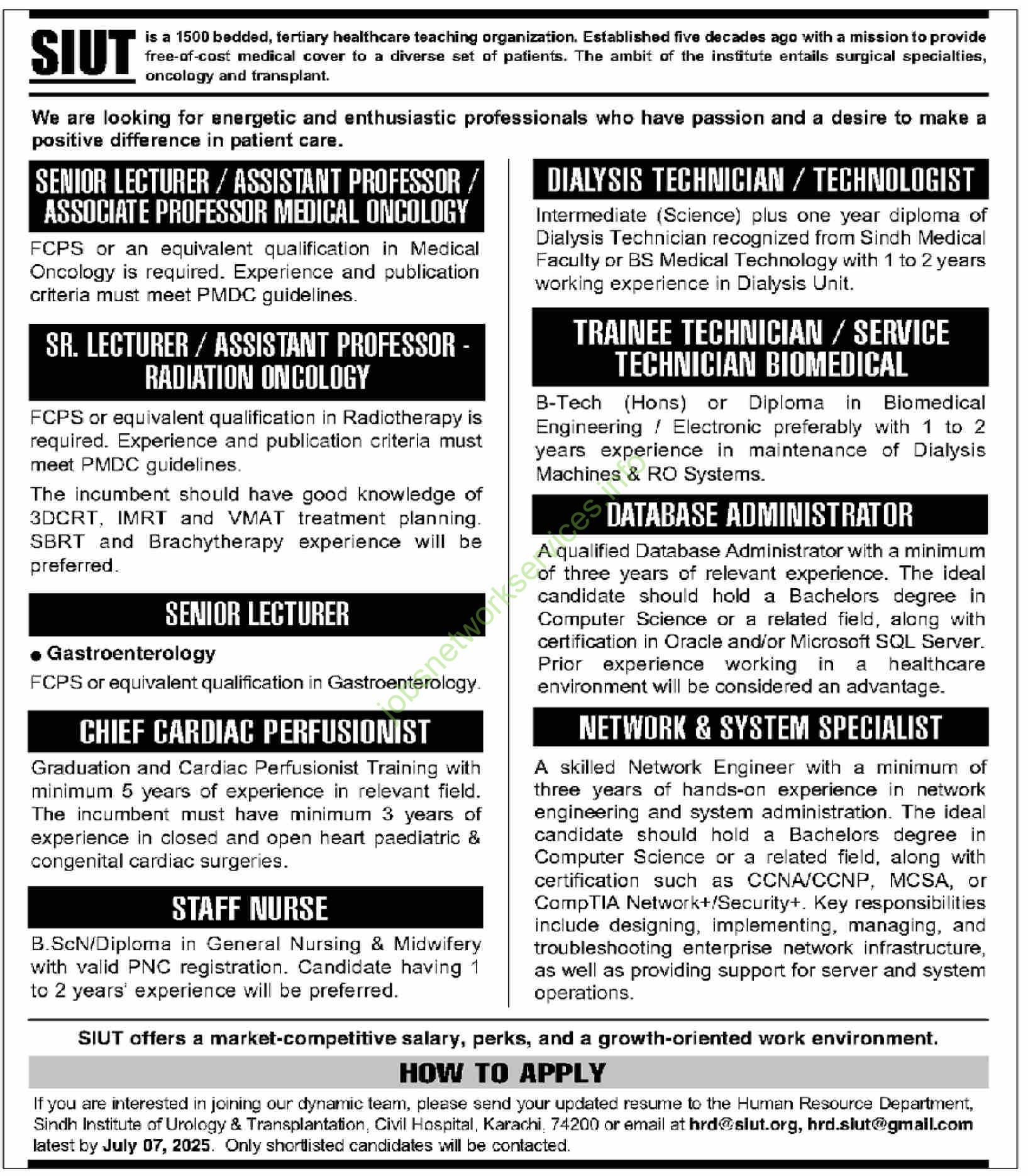 SIUT Karachi Jobs 2025 – Medical, Technical & Nursing Positions – Apply by 07 July