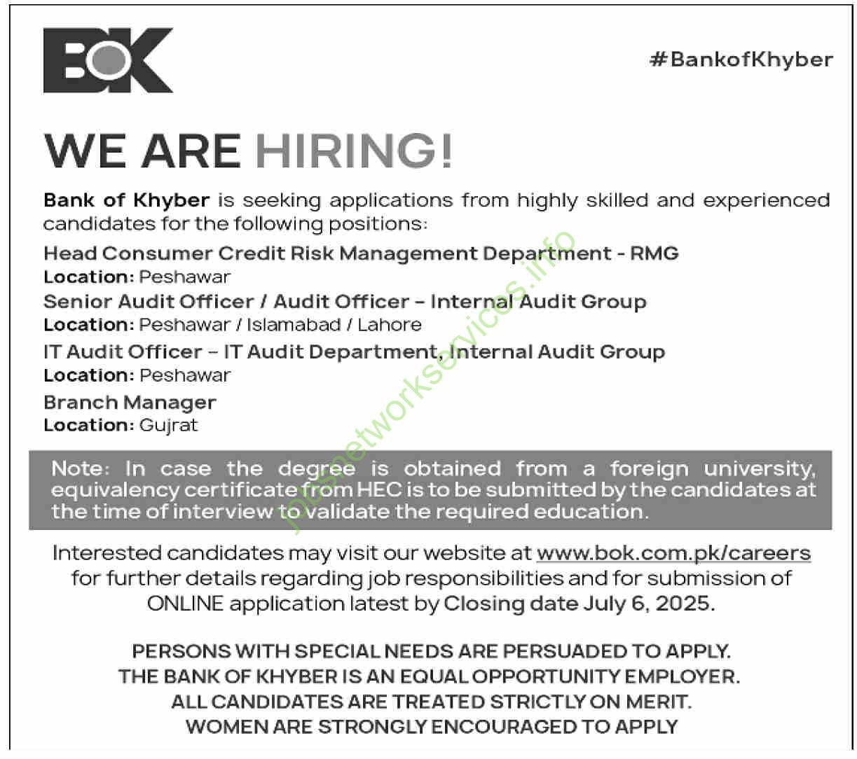 Bank of Khyber Jobs 2025 – Multiple Banking Positions – Apply Online by 06 July