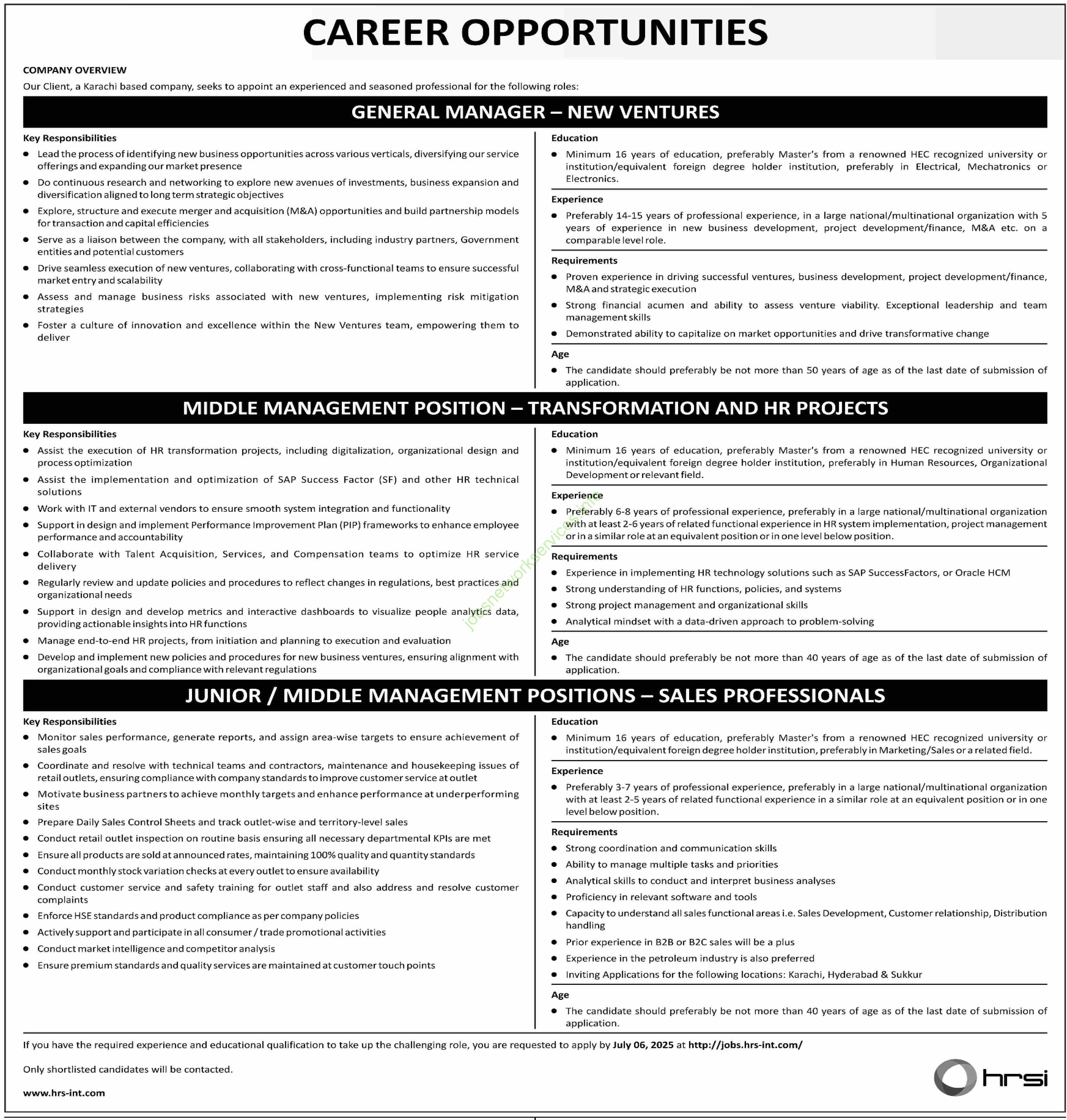 Exciting Career Opportunities 2025 – GM New Ventures, HR Transformation & Sales Professionals – Apply by 06 July