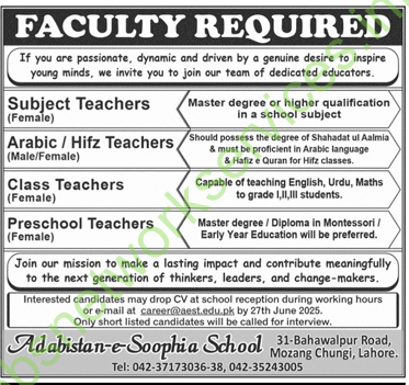 Adabistan-e-Soophia School Lahore Jobs 2025