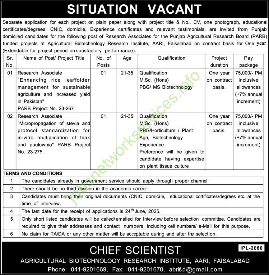 Agricultural Biotechnology Research Institute AARI Faisalabad Jobs 2025