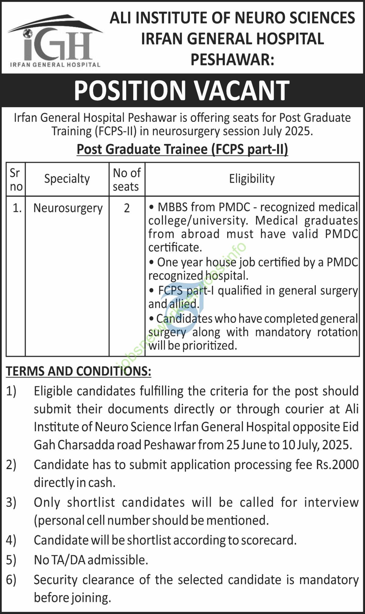 Ali Institute of Neuro Sciences Irfan General Hospital Peshawar Jobs 2025