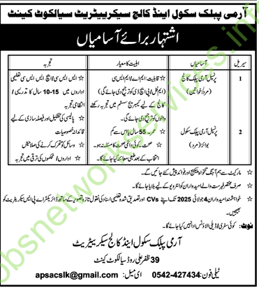 Army Public School & College Secretariat, Sialkot Cantt Jobs 2025