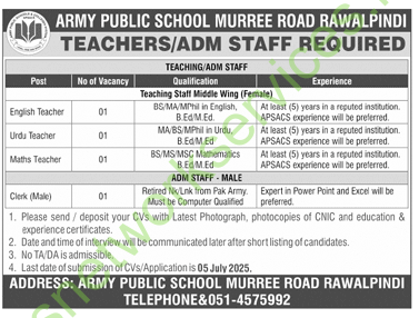 Army Public School Murree Road Rawalpindi Jobs 2025