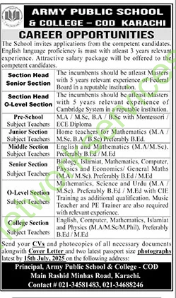Army Public School and College COD Jobs 2025