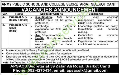 Army Public School and College Secretariat Sialkot Cantt Jobs 2025