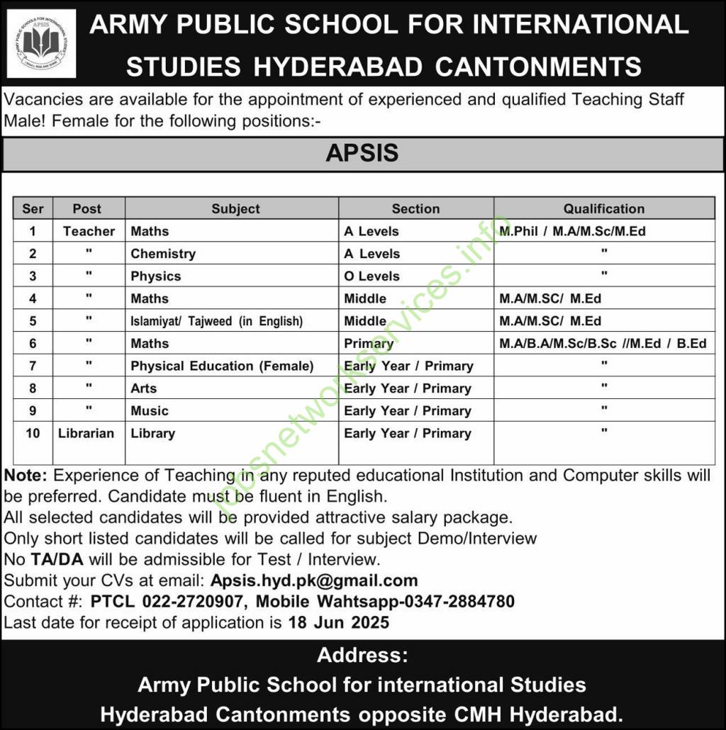 Army Public School for International Studies APSIS Jobs 2025